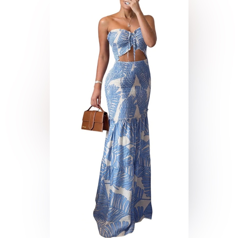 Blue Palm-Print Smocked Maxi Skirt